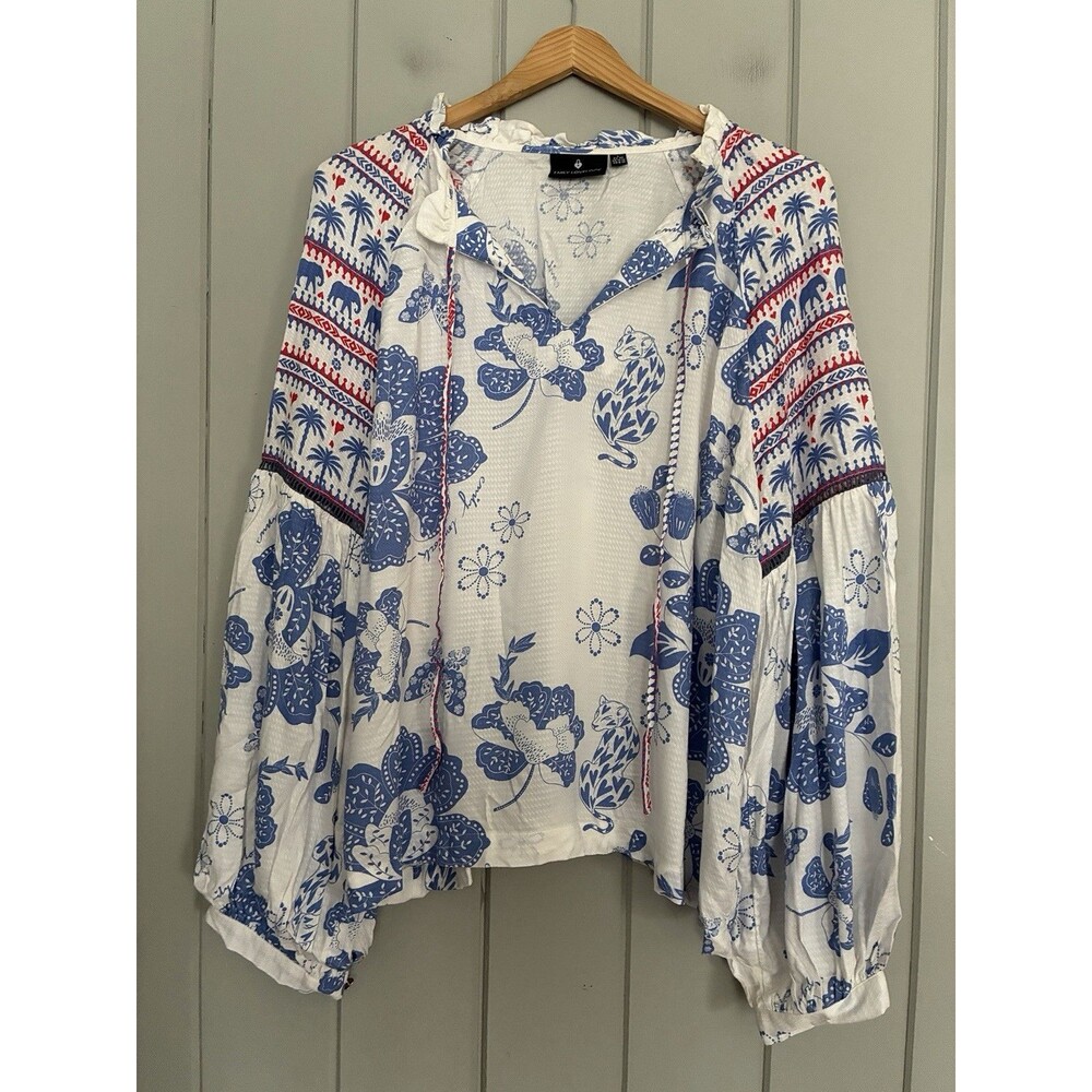 Emily Lovelock Emma Top L Large Blue Red Ruffle Tassel Jaguar Elephant Print